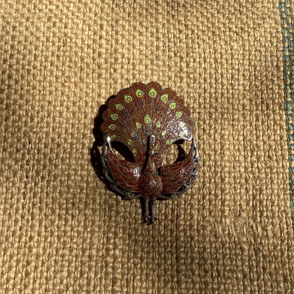 Vintage Sterling Silver MCM Articulating Peacock Brooch